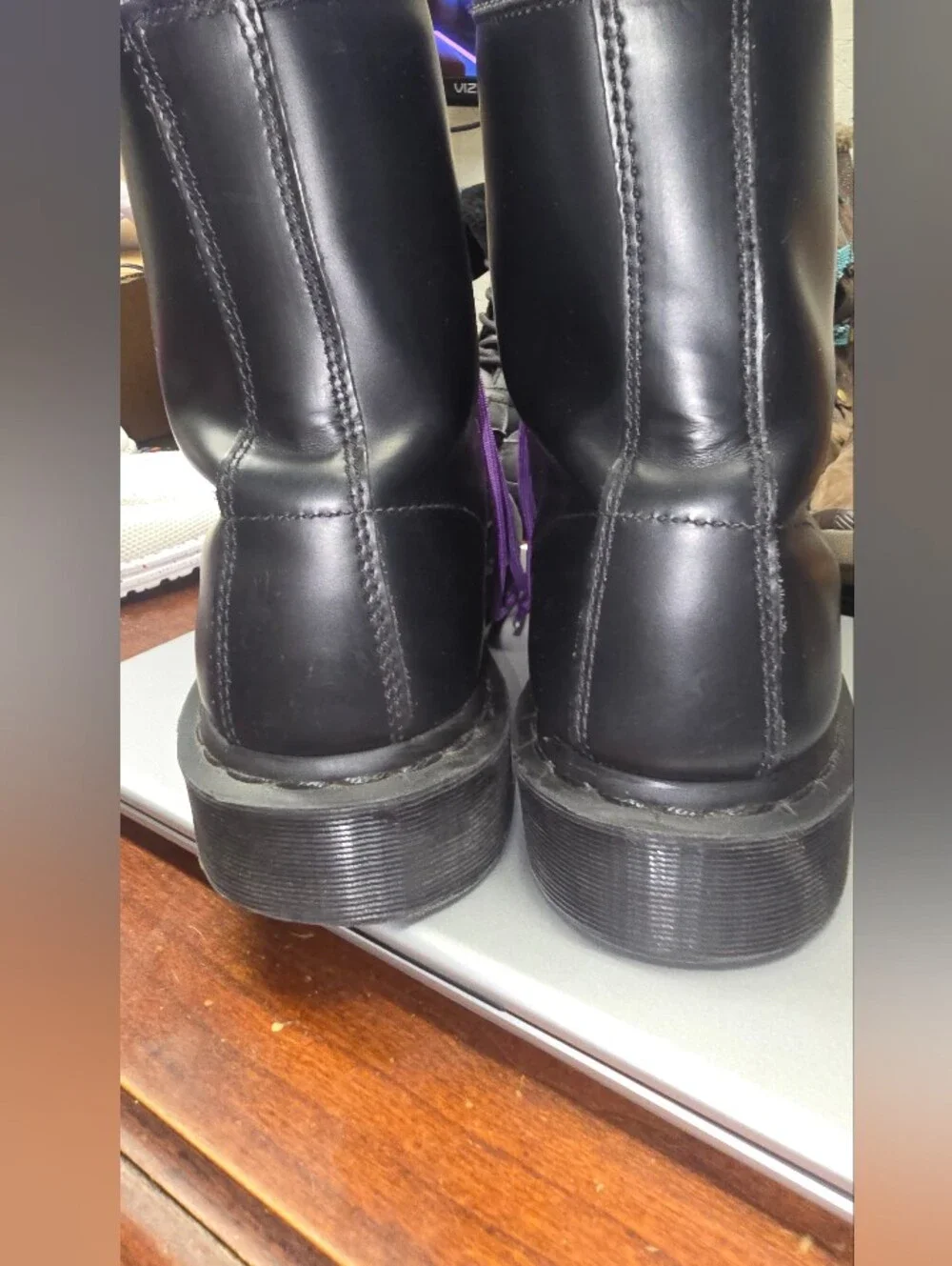 Doc Martins Black Leather Lace-Up Boots with Purple Laces 1460 MONO